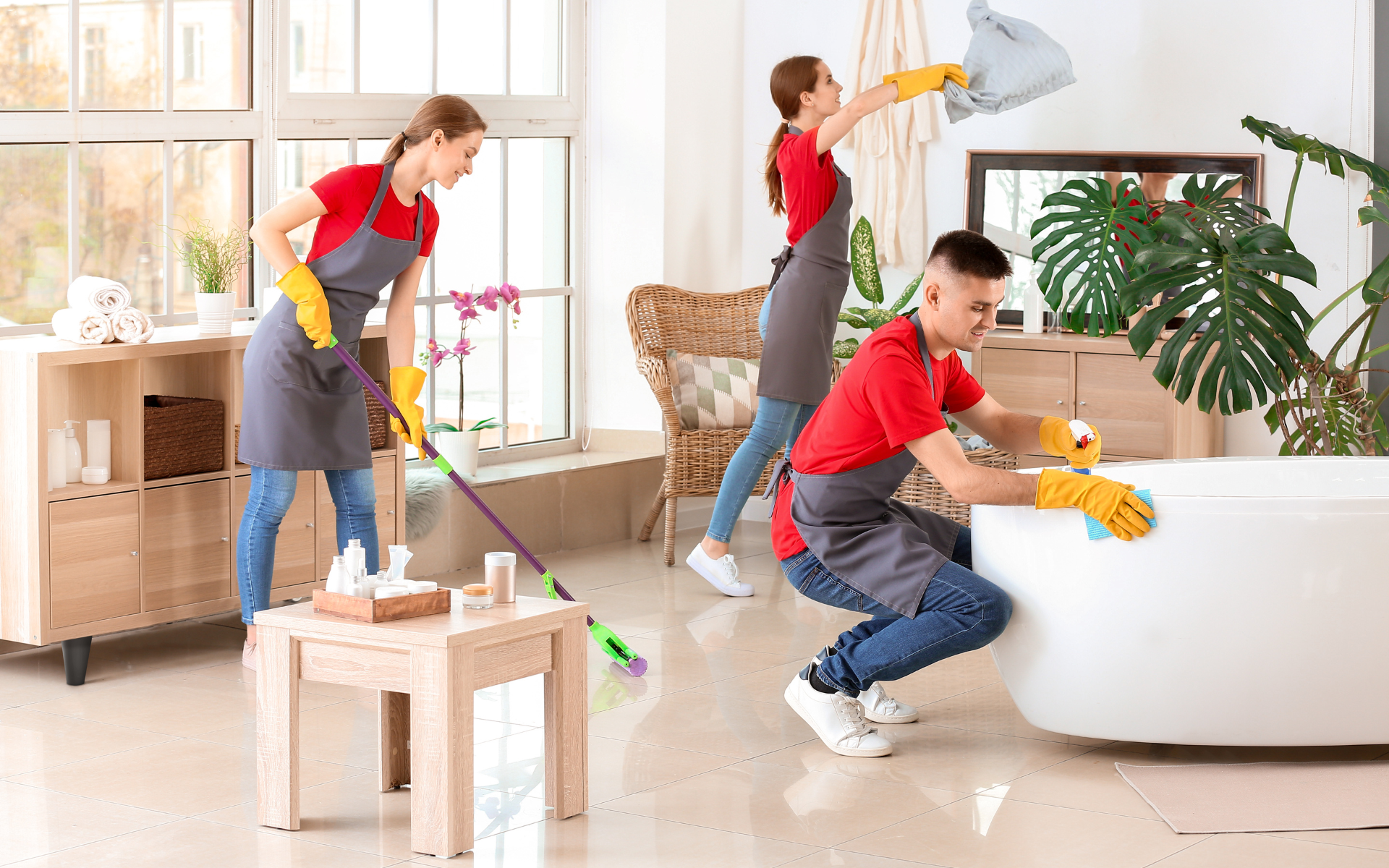 3 maids cleaning a living room