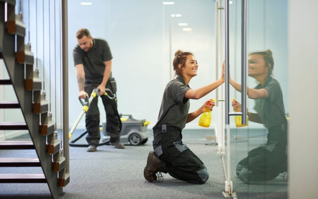 2 maids cleaning an office for commercial cleaning prices